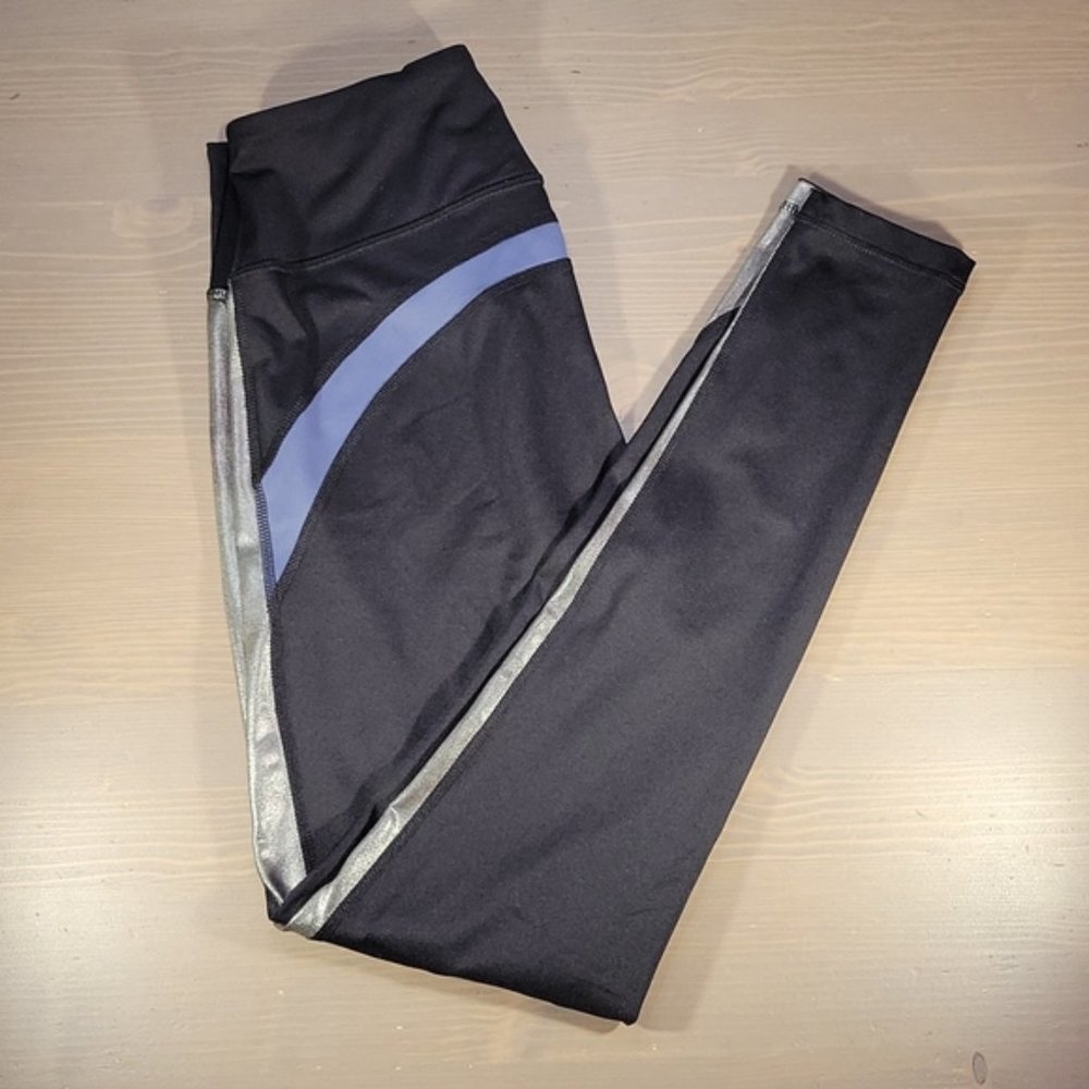 Fila Black Metallic Silver Athletic Workout Leggings Back Media Key Pocket Sz Sm